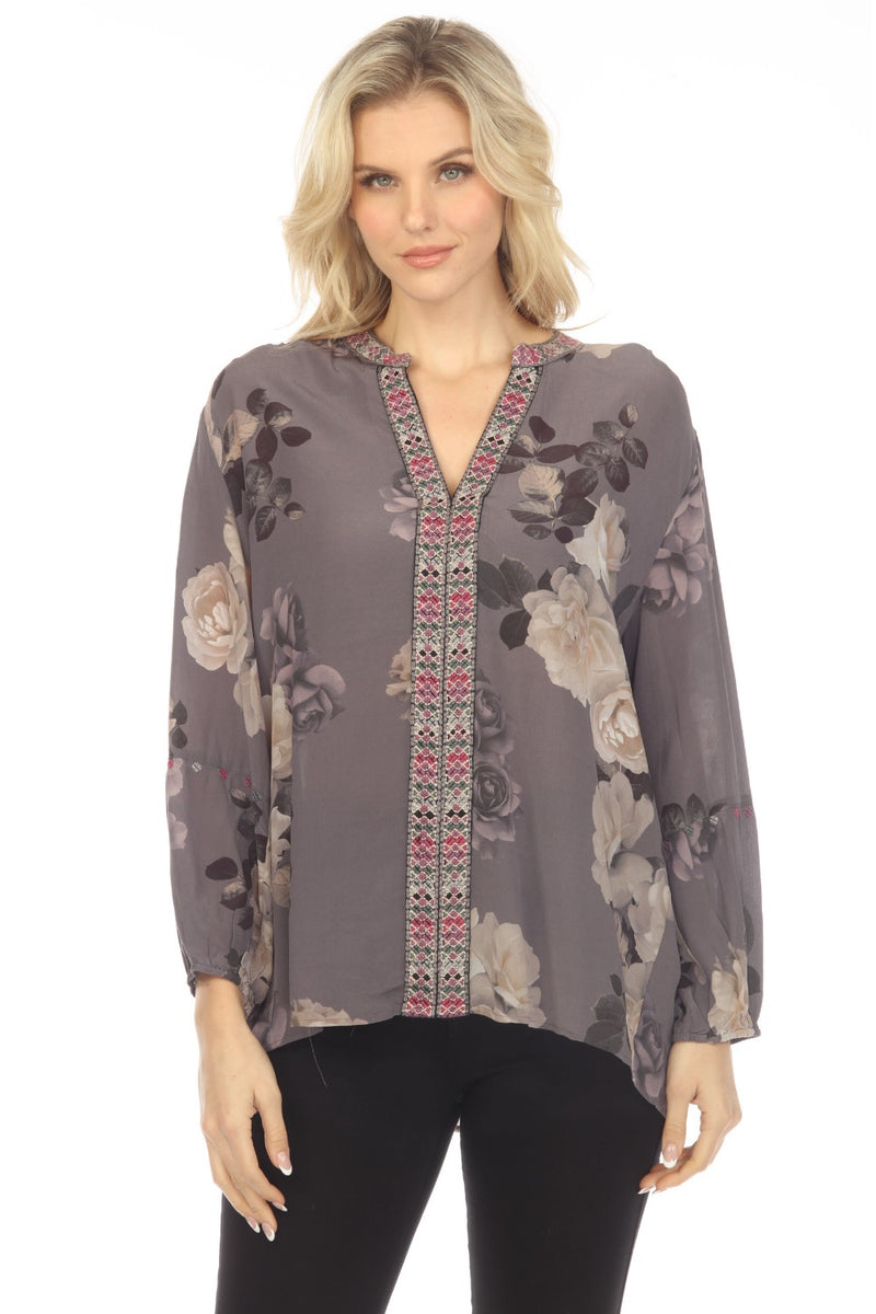 Johnny Was Silk Feminine Floral Blouse With top Ruffle Detail