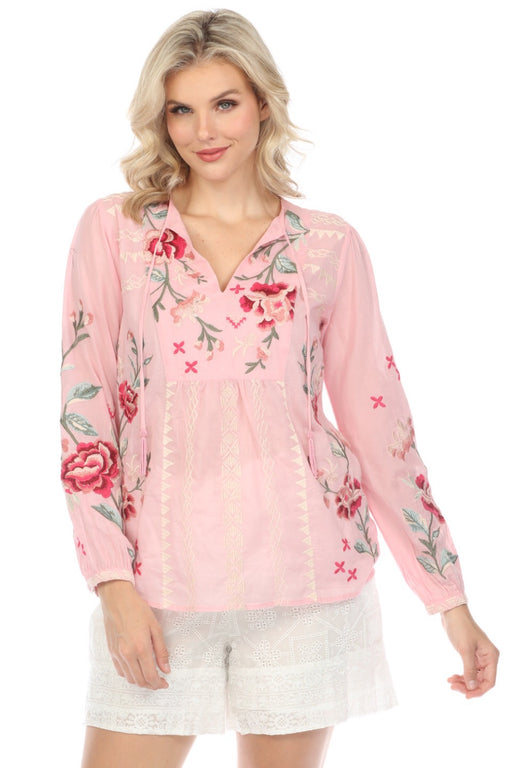 Johnny Was Workshop Style W13124 Pink Erinn Prairie Floral Embroidered Blouse Boho Chic
