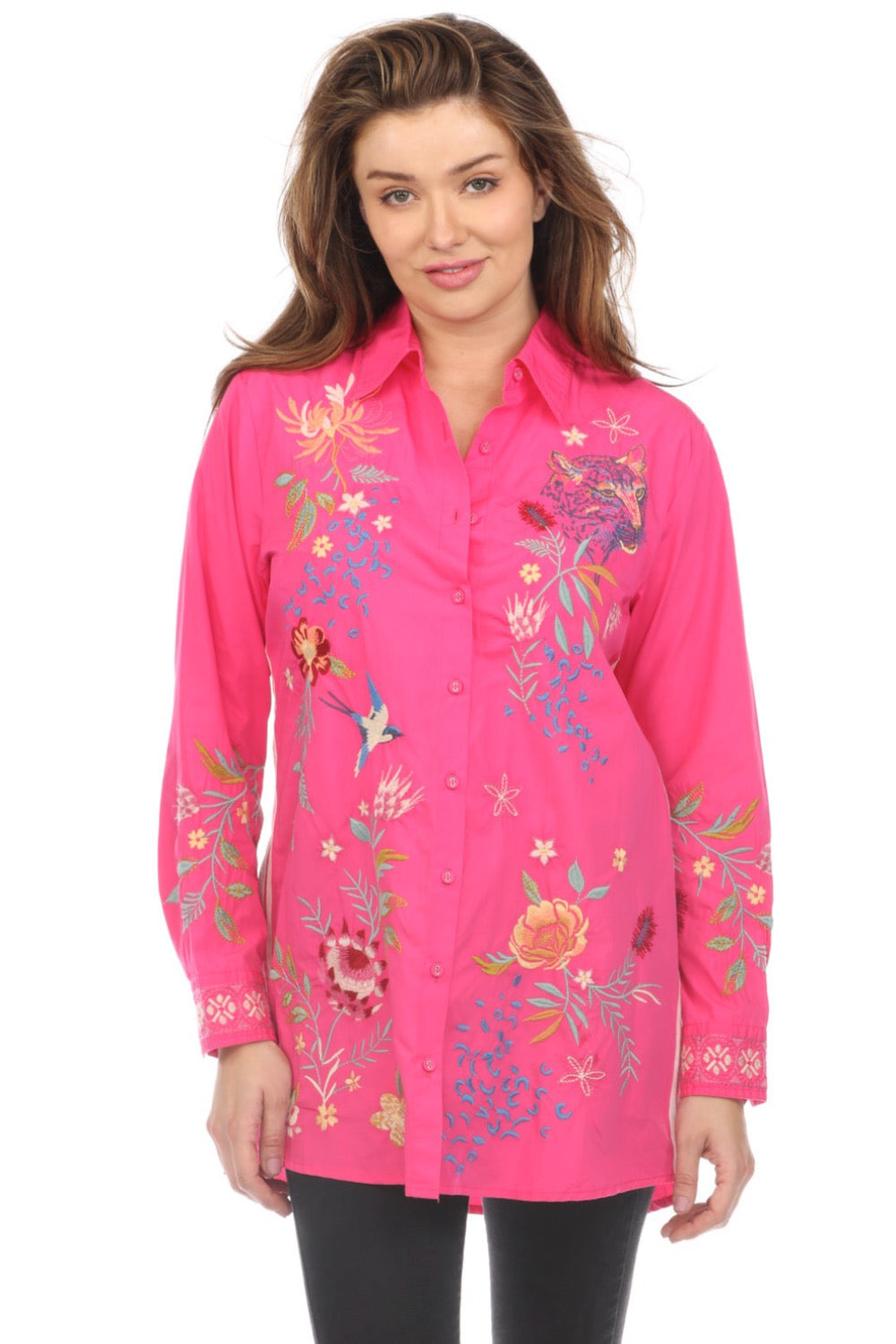 JOHNNY WAS SZ L shops EMBROIDERY FLOWER HIGH LOW CREW NECK TUNIC Retail $170