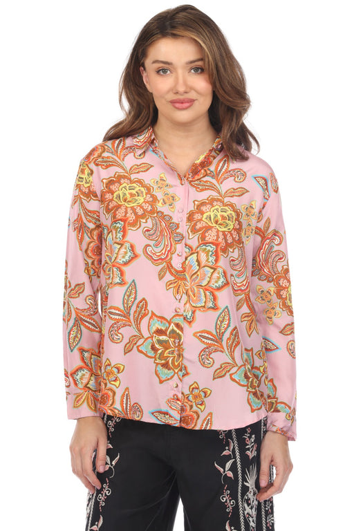 Johnny Was Workshop Style W11424 Pink Silk Floral Double Button Shirt Boho Chic