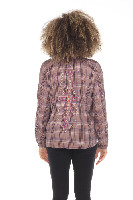 Johnny Was Workshop Plaid Curacao Embroidered Raglan Poet Shirt Boho Chic W15223