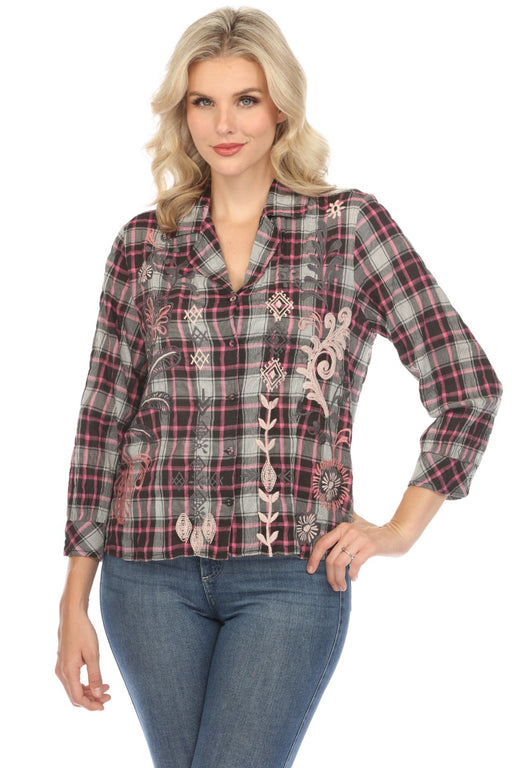 Johnny Was Workshop Style W13224 Plaid Embroidered 3/4 Sleeve Shirt Boho Chic