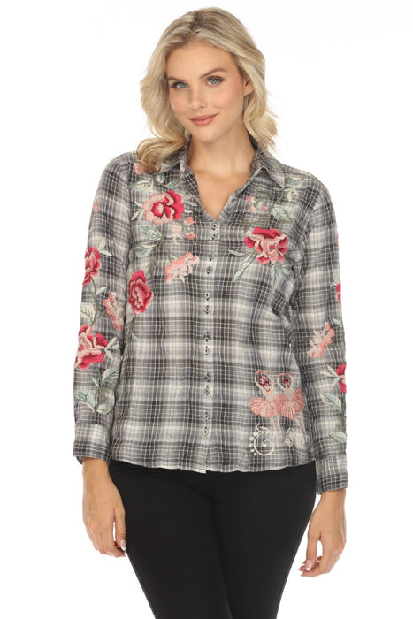 Johnny Was Workshop Style W12724 Elaine Plaid Erinn Embroidered Double Button Shirt Boho Chic