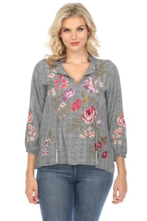 Johnny Was Workshop Style W15124 Plaid Floral Embroidered 3/4 Sleeve Blouse Boho Chic