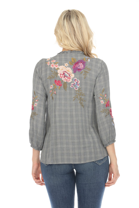 Johnny Was Workshop Plaid Floral Embroidered 3/4 Sleeve Blouse Boho Chic W15124