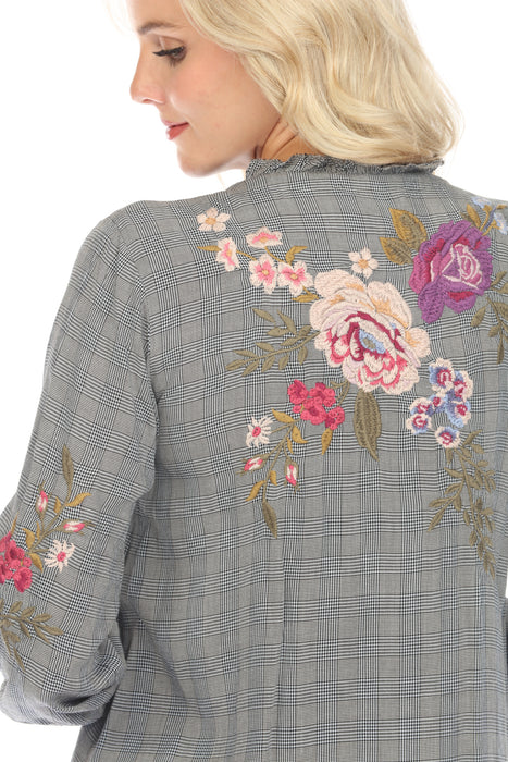 Johnny Was Workshop Plaid Floral Embroidered 3/4 Sleeve Blouse Boho Chic W15124