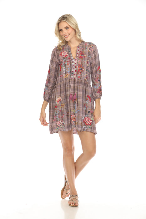 Johnny Was Workshop Style W30723 Plaid Embroidered Garnet Field Mini Dress Boho Chic