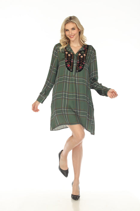 Johnny Was Workshop Style W27723 Plaid Viviana Tuxedo Yoke Embroidered Tunic Dress Boho Chic