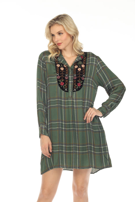 Johnny Was Workshop Plaid Viviana Tuxedo Yoke Embroidered Tunic Dress Boho Chic W27723