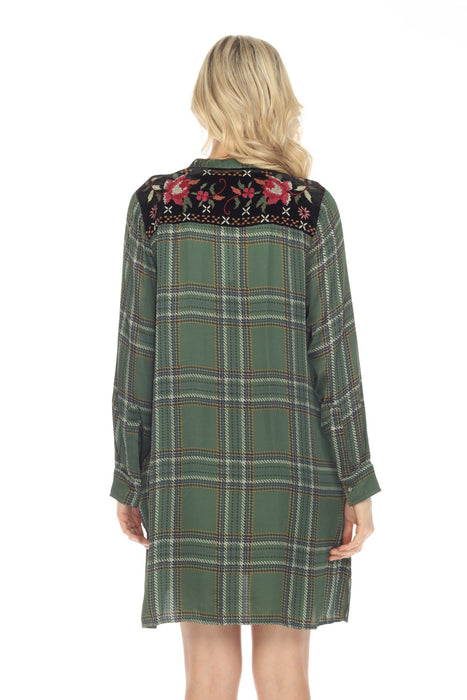 Johnny Was Workshop Plaid Viviana Tuxedo Yoke Embroidered Tunic Dress Boho Chic W27723