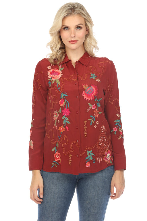 Johnny Was Workshop Style W14424 Pomegranate Nylah Button-Down Silk Floral Embroidered Shirt Boho Chic