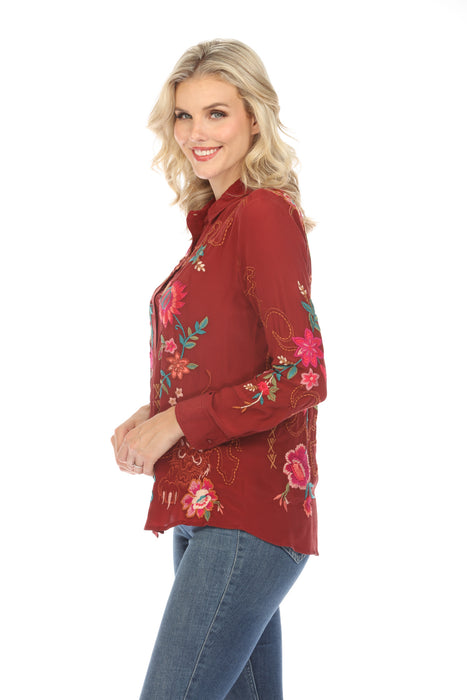 Johnny Was Workshop Nylah Button-Down Silk Shirt Boho Chic W14424