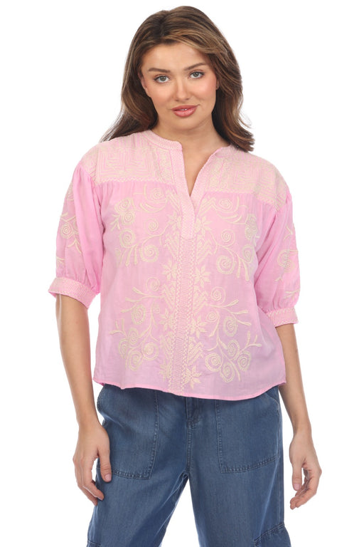 Johnny Was Workshop Style W10524 Puff Sleeve Henley Blouse Boho Chic