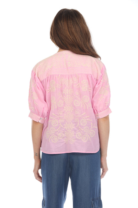 Johnny Was Workshop Hannani Puff Sleeve Henley Blouse Boho Chic W10524