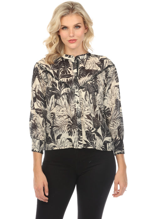 Johnny Was Workshop Style W11624 Raglan Yoke 3/4 Sleeve Tropical Leaf Print Blouse Boho Chic