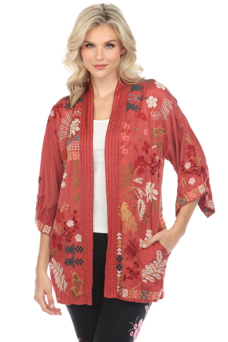 Johnny Was Workshop Style W43023 Red Zuzu Embroidered Open Front Kimono Boho Chic