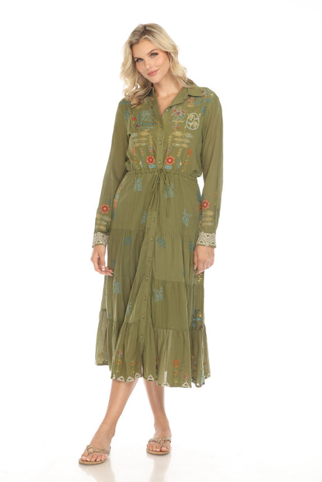 Johnny Was Workshop Style W32723-E Moss Green Scara Western Tiered Midi Shirt Dress Boho Chic