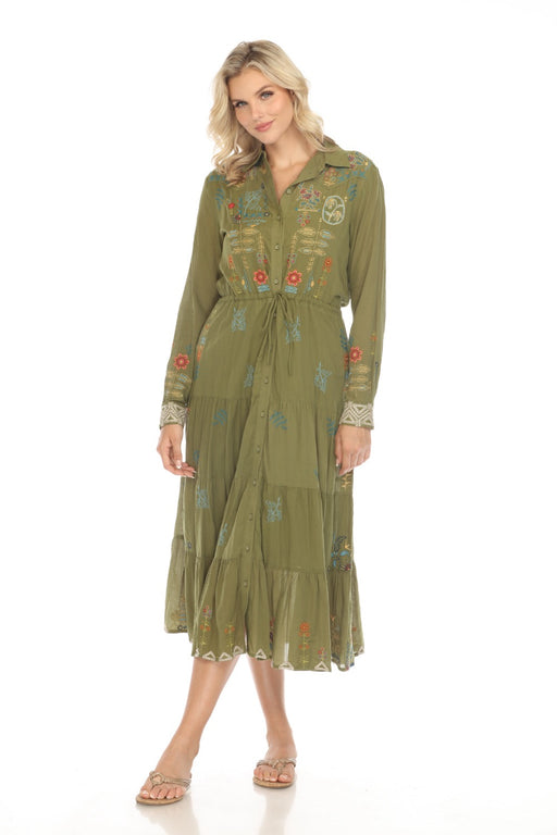 Johnny Was Workshop Style W32723-E Moss Green Scara Western Tiered Midi Shirt Dress Boho Chic