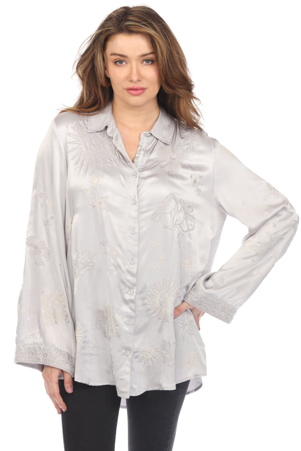 Sold JOHNNY WAS Taos Button-Down Shirt Moody Floral menswear-inspired Oversized XS