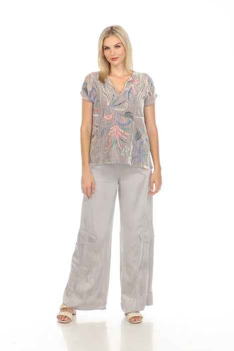 Johnny Was Workshop Style W60723 Silver Estrella Embroidered Wide Leg Cargo Pants Boho Chic