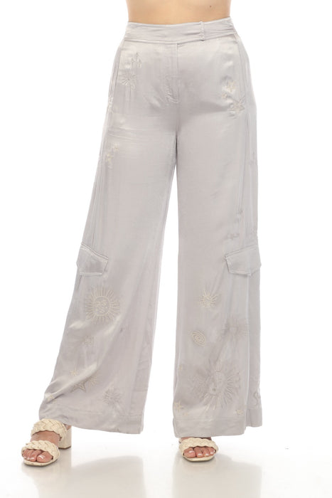 Johnny Was Workshop Style W60723 Silver Estrella Embroidered Wide Leg Cargo Pants Boho Chic