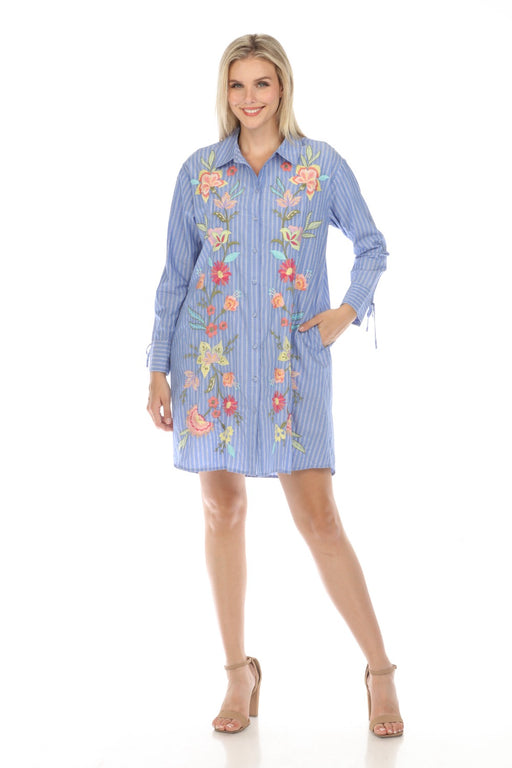 Johnny Was Workshop Style W29024 Stripe Camella Ruched Sleeve Embroidered Tunic Dress Boho Chic