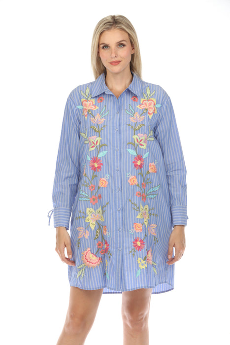 Johnny Was Workshop Style W29024 Stripe Camella Ruched Sleeve Embroidered Tunic Dress Boho Chic