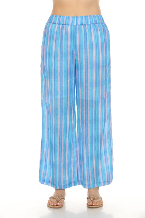 Johnny Was Workshop Style W61324 Blue Multicolor Striped Pull On Wide Leg Pants