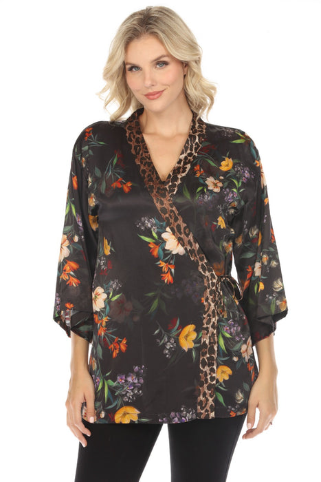 Johnny Was Workshop Style W46324 Villa Noire Side Tie Floral Silk Kimono Boho Chic