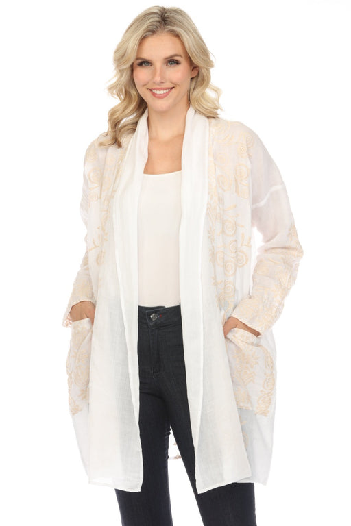 Johnny Was Workshop Style W45524 White Embroidered Open Front Kimono Boho Chic