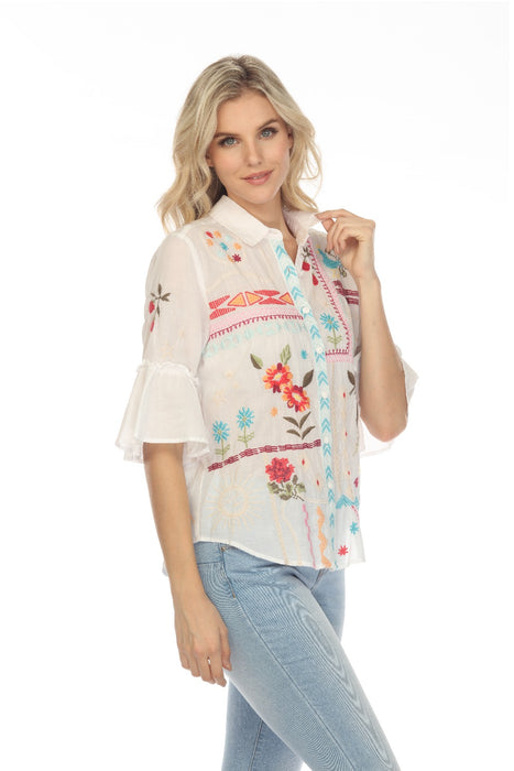 Johnny Was Workshop White Lyonne Embroidered Ruffle Sleeve Shirt Boho ...