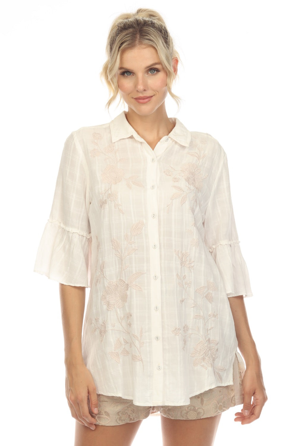 Johnny Was Workshop White Sylvie Ruffle Sleeve Embroidered Tunic Top B ...