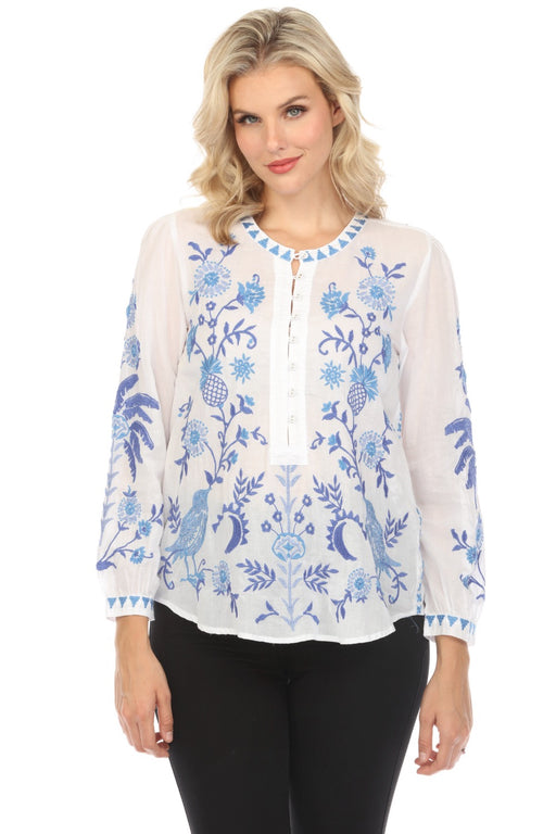 Johnny Was Workshop Style W10124 White Tarra Field Embroidered Henley Blouse Boho Chic