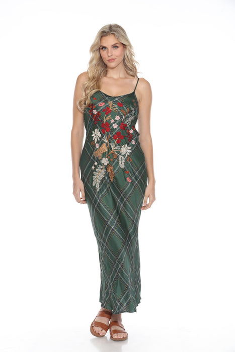 Johnny Was Workshop Style W31223 Green Zuzu Plaid Embroidered Maxi Slip Dress