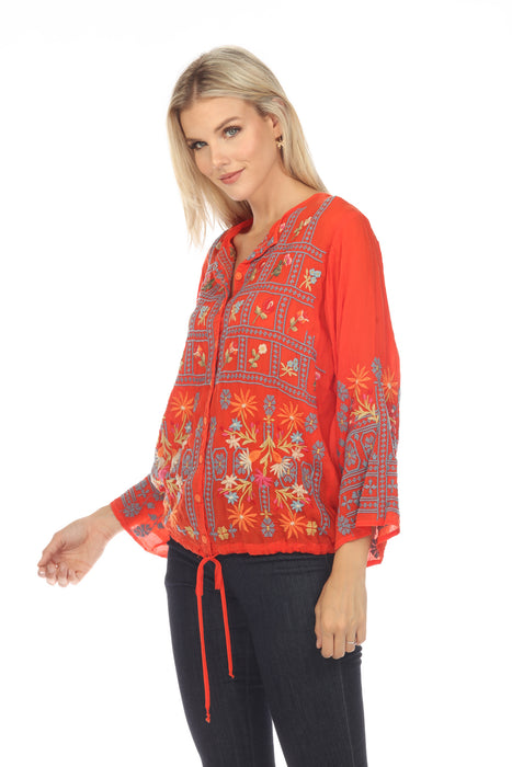 Johnny Was Red Wyatt Floral Embroidered Long Sleeve Blouse Boho Chic C12023