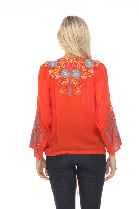 Johnny Was Red Wyatt Floral Embroidered Long Sleeve Blouse Boho Chic C12023