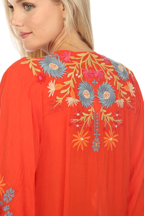 Johnny Was Red Wyatt Floral Embroidered Long Sleeve Blouse Boho Chic C12023