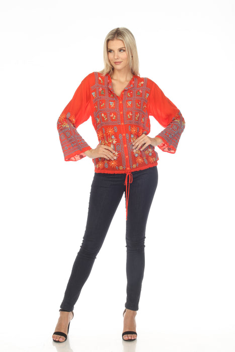 Johnny Was Red Wyatt Floral Embroidered Long Sleeve Blouse Boho Chic C12023