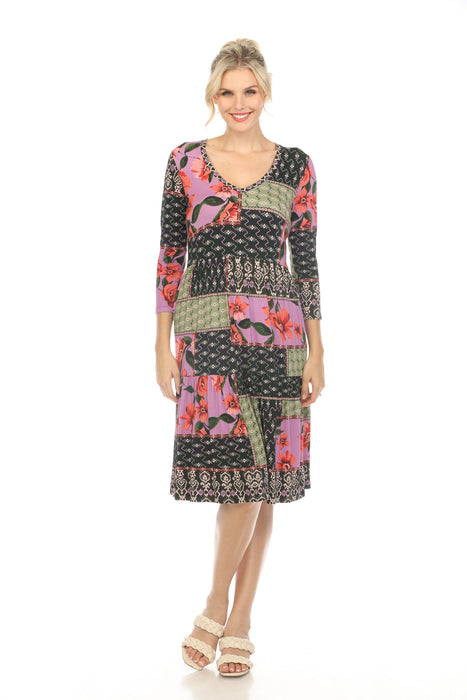 Johnny Was Style T34423 Zanda 3/4 Sleeve Tiered Floral Patchwork Tea Length Dress Boho Chic