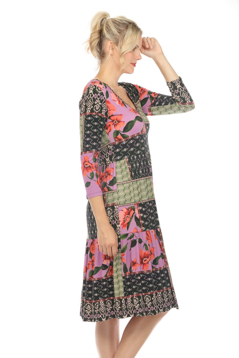 Johnny Was Zanda 3/4 Sleeve Tiered Tea Length Dress Boho Chic T34423