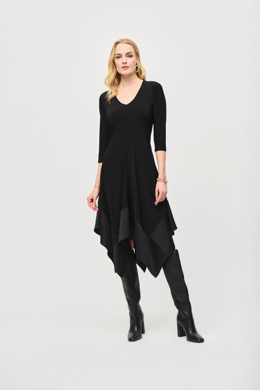 Joseph Ribkoff 243092 Black 3/4 Sleeve Asymmetric Midi Fit And Flare Dress