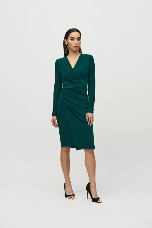 Joseph Ribkoff Style 244024 Absolute Green Ruched Faux Wrap Dress