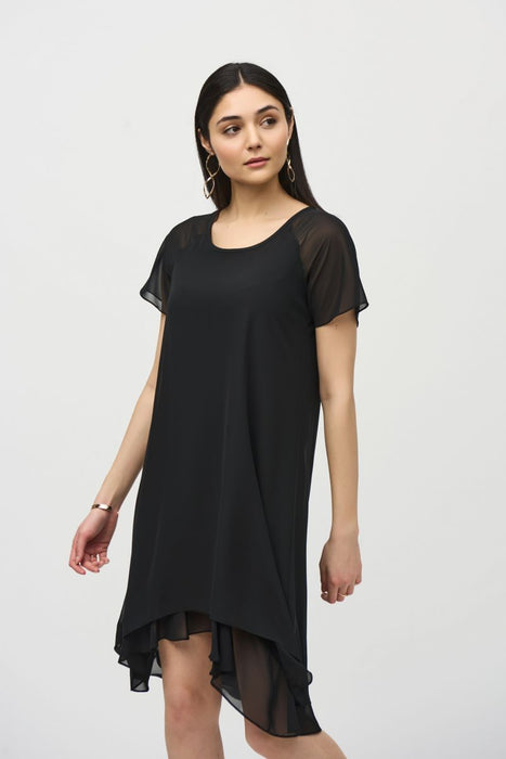 Joseph Ribkoff Asymmetric Chiffon Layered Short Sleeve Trapeze Dress 241084