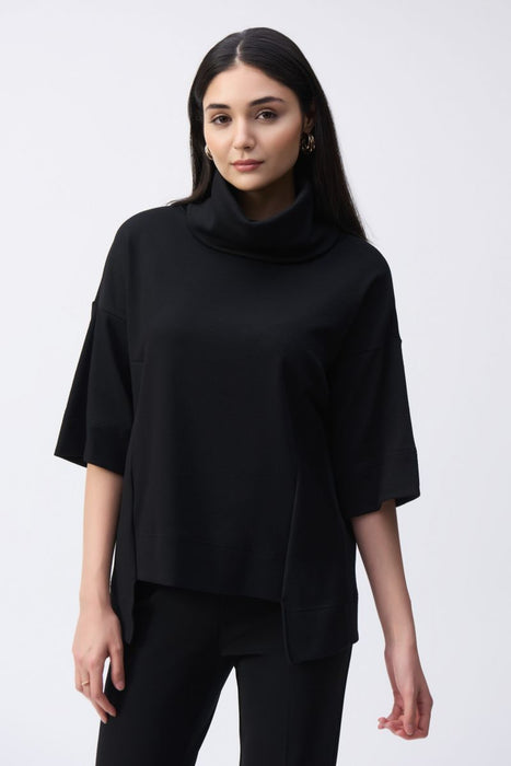 Joseph Ribkoff 243165 Black Asymmetric Cowl Neck 3/4 Sleeves Boxy Top