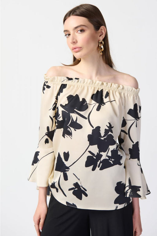 Joseph Ribkoff Style 241022 Beige/Black Floral Print Off-Shoulder Bell Sleeve Satin Top