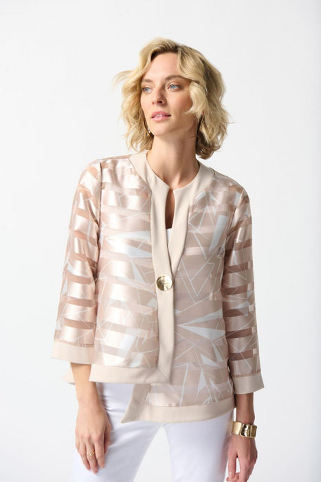 Joseph Ribkoff Style 242170 Beige/Off-White Striped Satin Sheer 3/4 Sleeve Swing Jacket