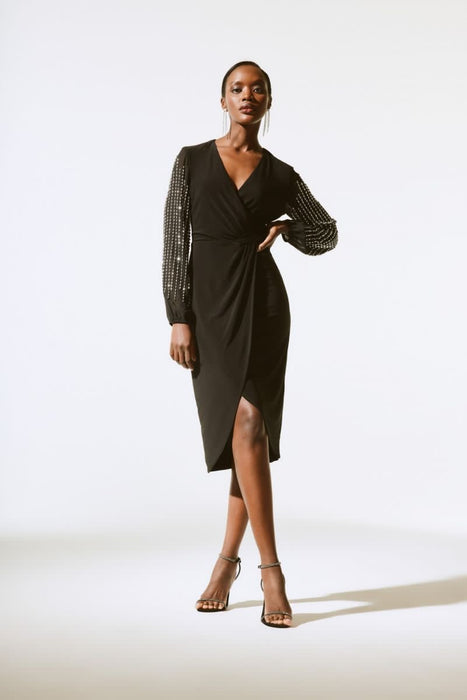 Joseph Ribkoff Style 243726 Black Beaded Puff Sleeve Wrap Front Sheath Dress