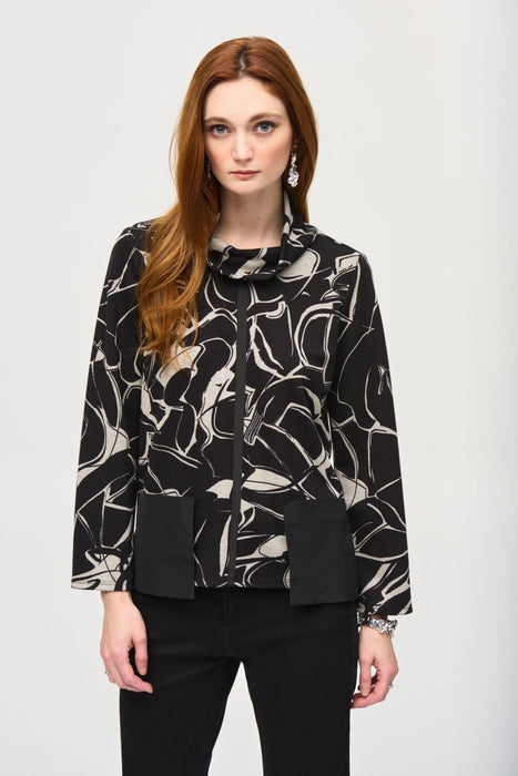 Joseph Ribkoff 243188 Black/Beige Abstract Print Mock Neck Top