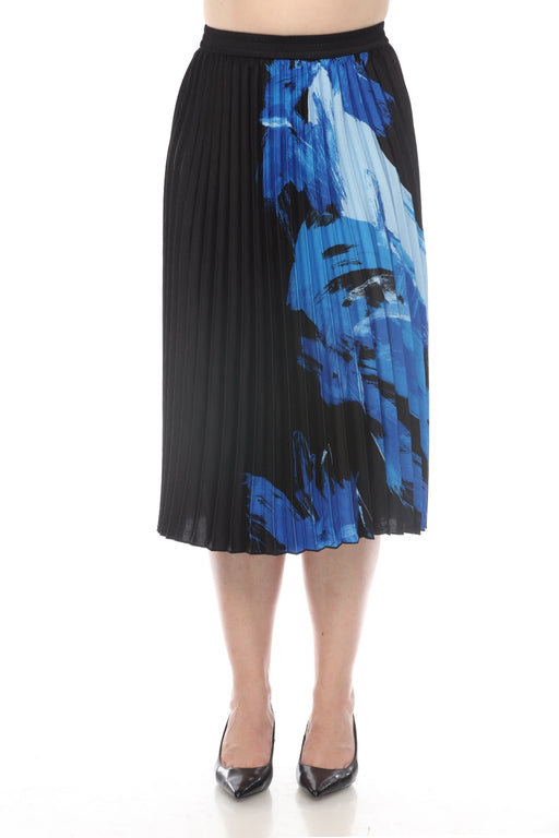 Joseph Ribkoff Style 241930 Black/Blue Brushstroke Print Pleated Pull On Midi Skirt