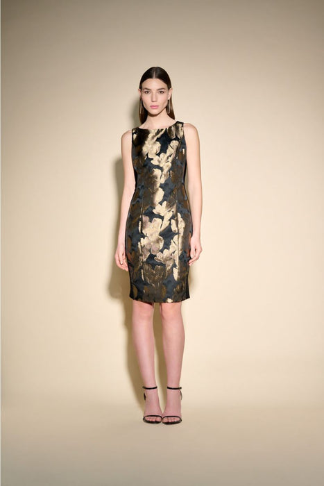 Joseph Ribkoff Style 233715 Black/Bronze Foiled Floral Sleeveless Sheath Dress